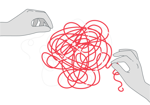Ilustración de unas manos cuidadosamente desenredando hilos entrelazados, simbolizando la claridad y resolución de dudas que ofrece el formulario de contacto.